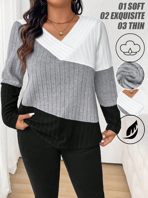 Plus Size Color Blocking T-Shirt For Spring And Autumn Graphic Tees Women Tops Fall Cloth For Women