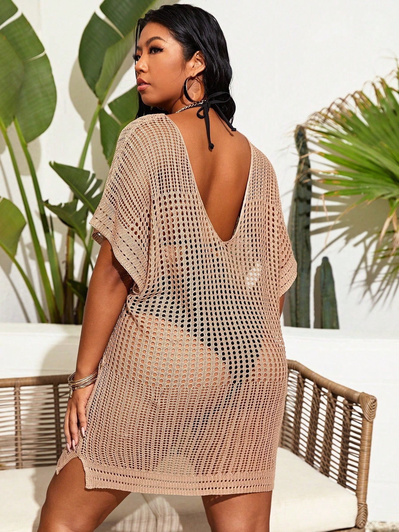Plus Size Hollow Out Split Thigh Cover Up Summer