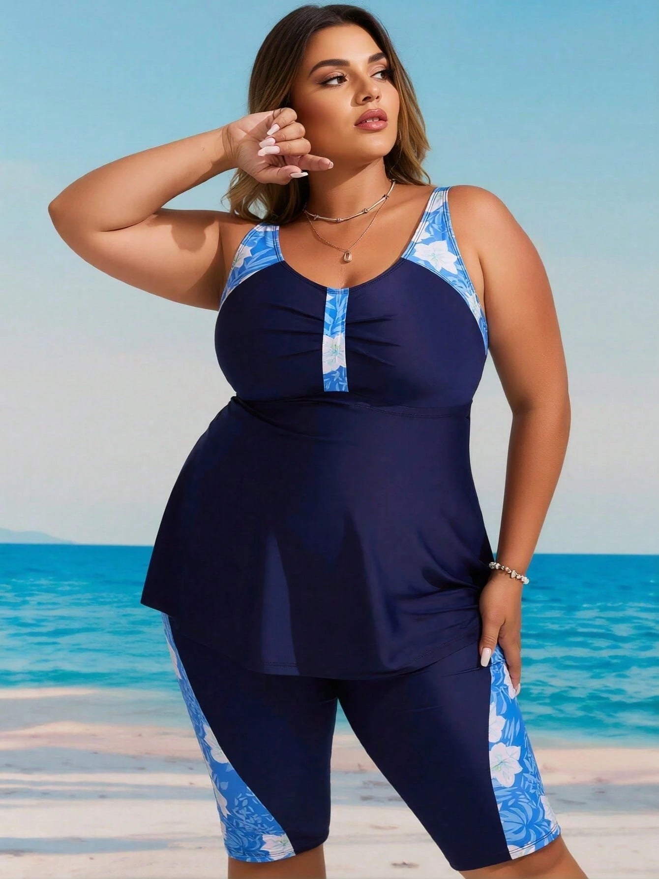 Plus Size Scoop Neck Tankini With Floral Accent Long Top And High Stretch Shorts, Boho Swimwear