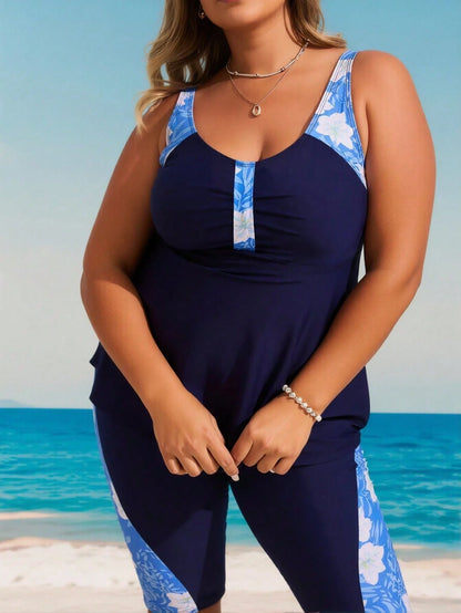 Plus Size Scoop Neck Tankini With Floral Accent Long Top And High Stretch Shorts, Boho Swimwear