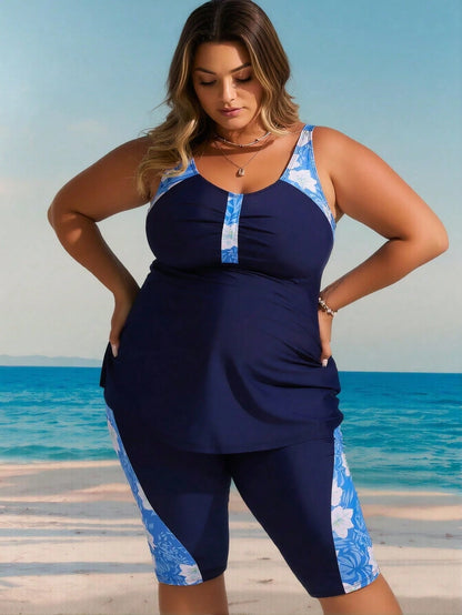 Plus Size Scoop Neck Tankini With Floral Accent Long Top And High Stretch Shorts, Boho Swimwear