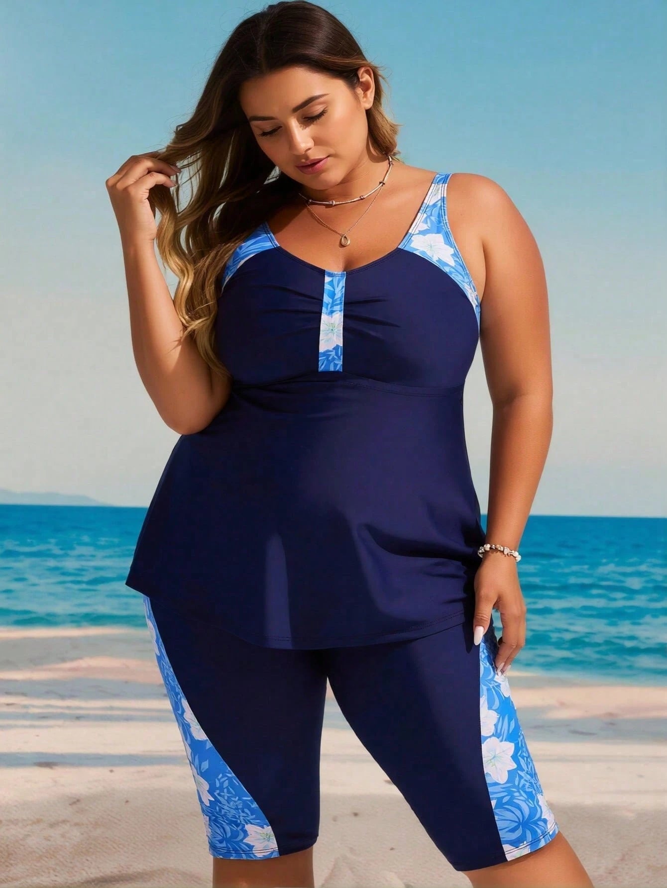 Plus Size Scoop Neck Tankini With Floral Accent Long Top And High Stretch Shorts, Boho Swimwear