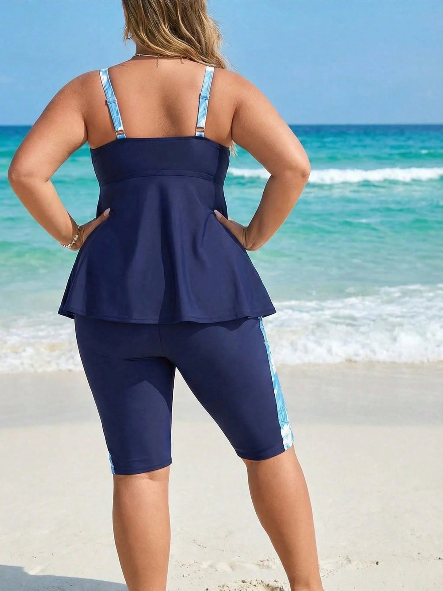 Plus Size Scoop Neck Tankini With Floral Accent Long Top And High Stretch Shorts, Boho Swimwear