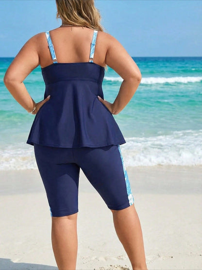 Plus Size Scoop Neck Tankini With Floral Accent Long Top And High Stretch Shorts, Boho Swimwear