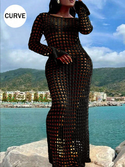 Plus Size Sexy Solid Knit Hollow Out Long Sleeve Maxi Cruise Cover Up Dress Summer Casual Vacation Black Beach