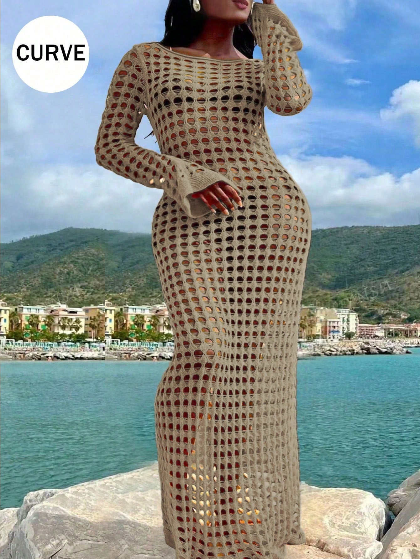 Plus Size Sexy Solid Knit Hollow Out Long Sleeve Maxi Cruise Cover Up Dress Summer Casual Vacation Black Beach