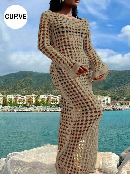 Plus Size Sexy Solid Knit Hollow Out Long Sleeve Maxi Cruise Cover Up Dress Summer Casual Vacation Black Beach