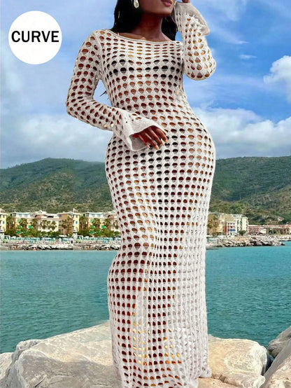 Plus Size Sexy Solid Knit Hollow Out Long Sleeve Maxi Cruise Cover Up Dress Summer Casual Vacation Black Beach