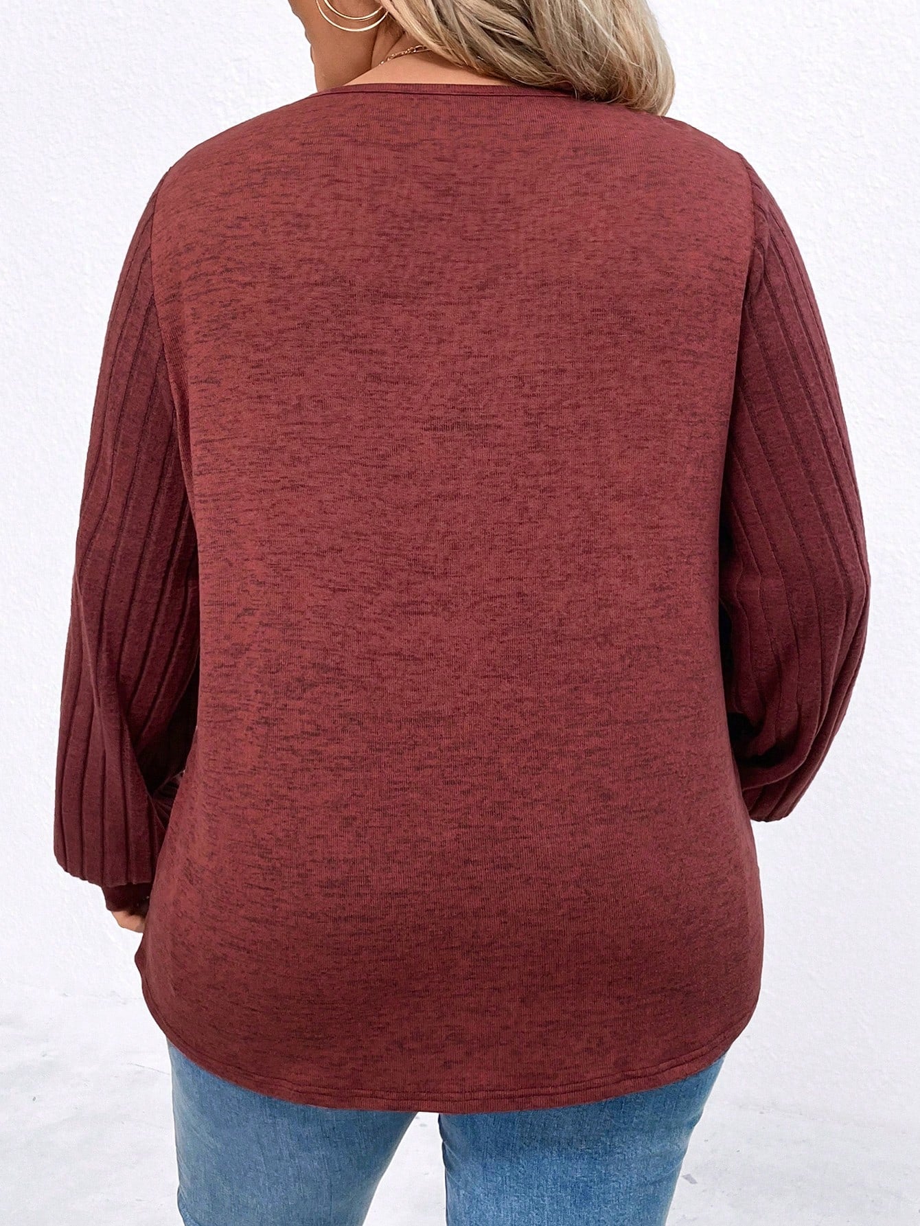 Plus Size Solid Color V-Neck Long Sleeve Knit Fleece T-Shirt, Casual Wear For Autumn/Winter Fall Cloth For Women