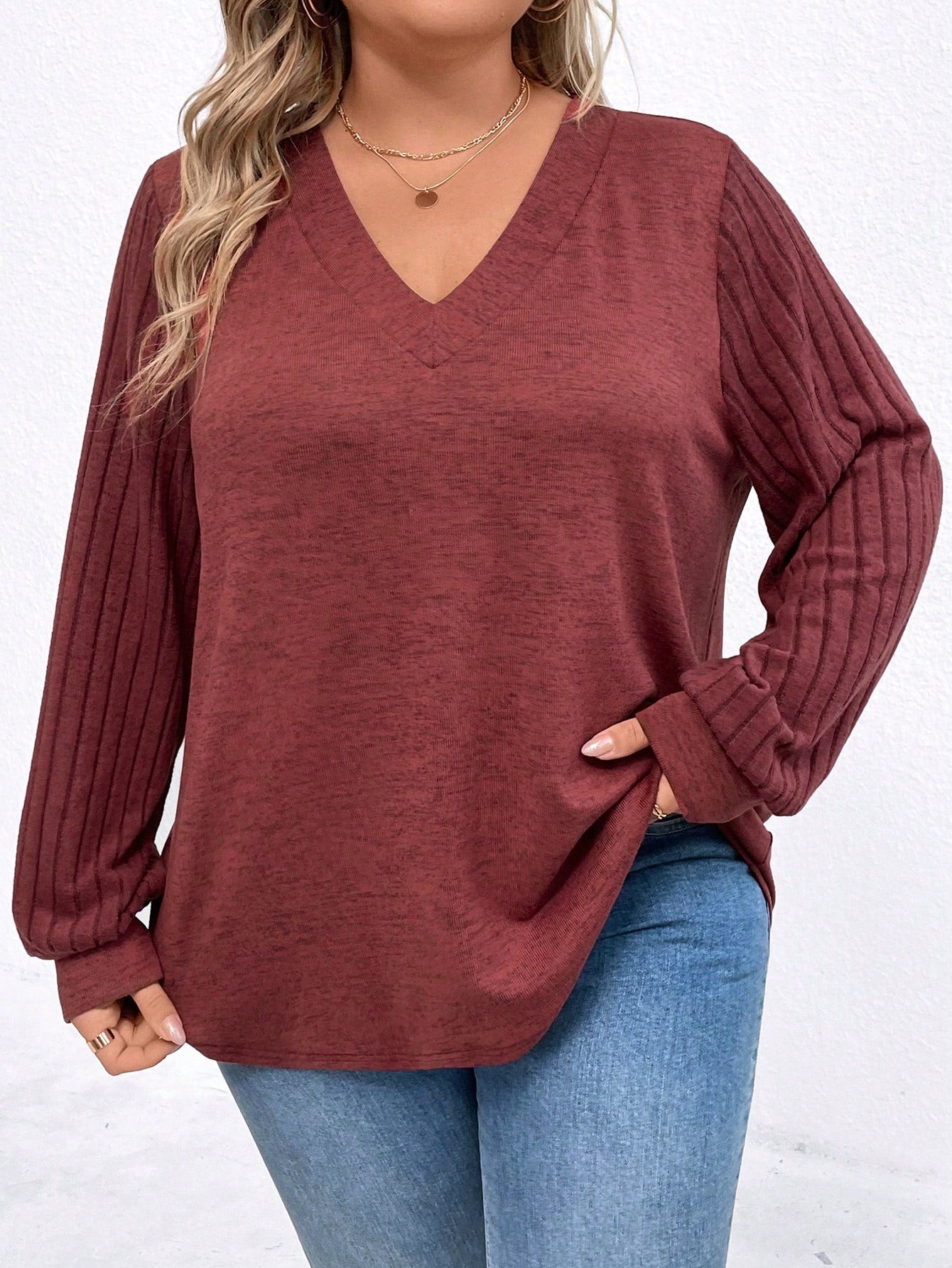 Plus Size Solid Color V-Neck Long Sleeve Knit Fleece T-Shirt, Casual Wear For Autumn/Winter Fall Cloth For Women