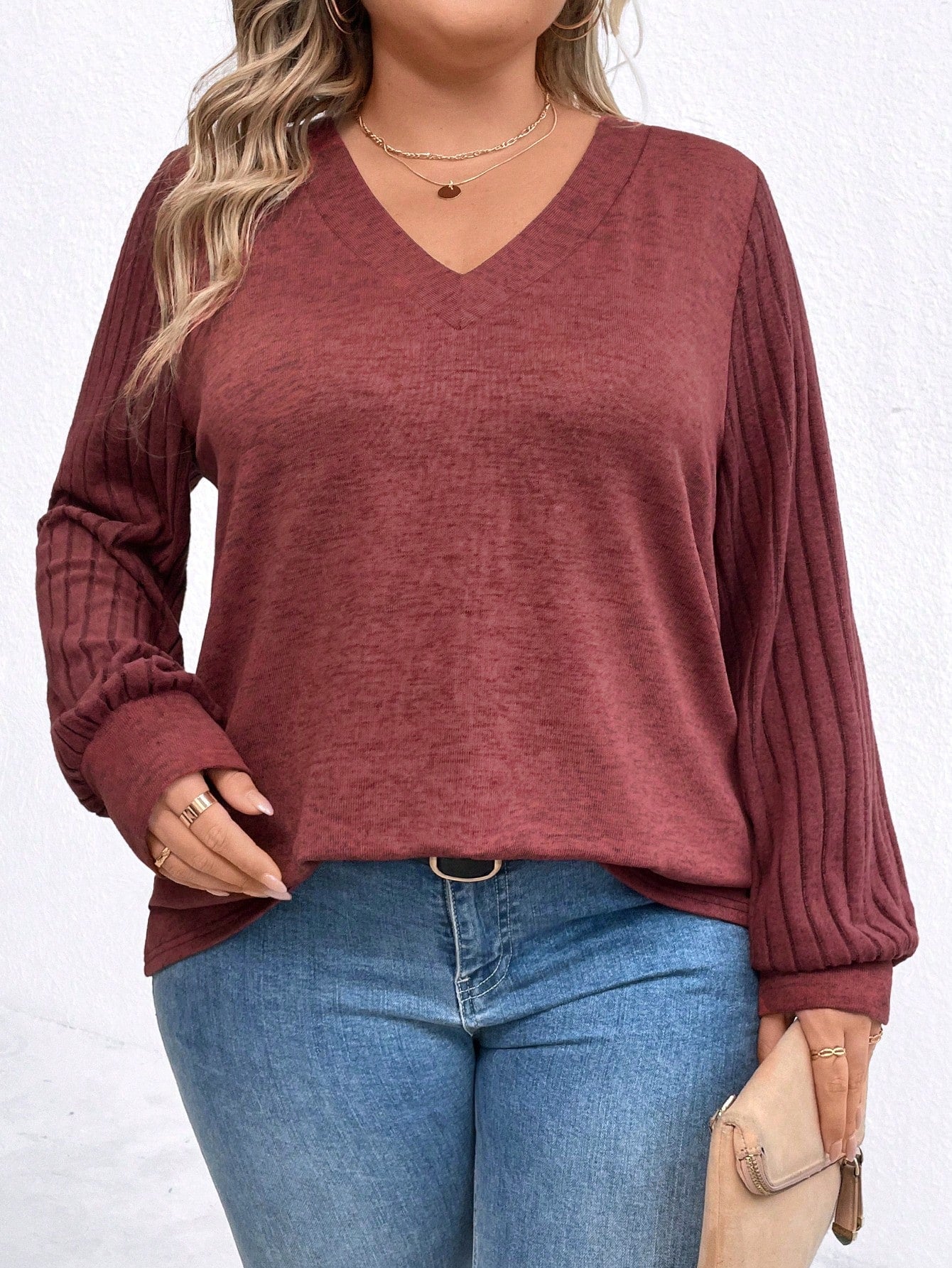 Plus Size Solid Color V-Neck Long Sleeve Knit Fleece T-Shirt, Casual Wear For Autumn/Winter Fall Cloth For Women