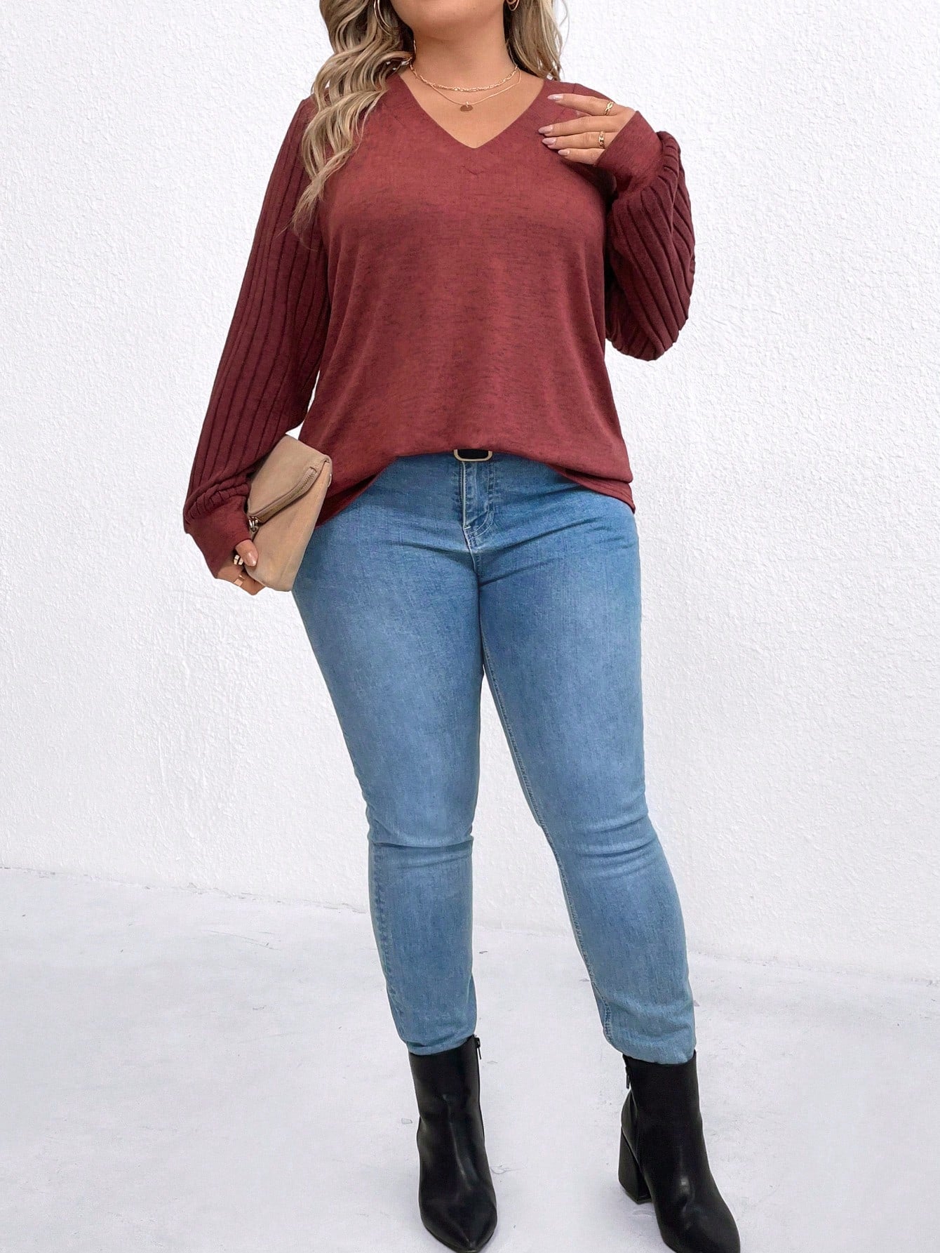 Plus Size Solid Color V-Neck Long Sleeve Knit Fleece T-Shirt, Casual Wear For Autumn/Winter Fall Cloth For Women