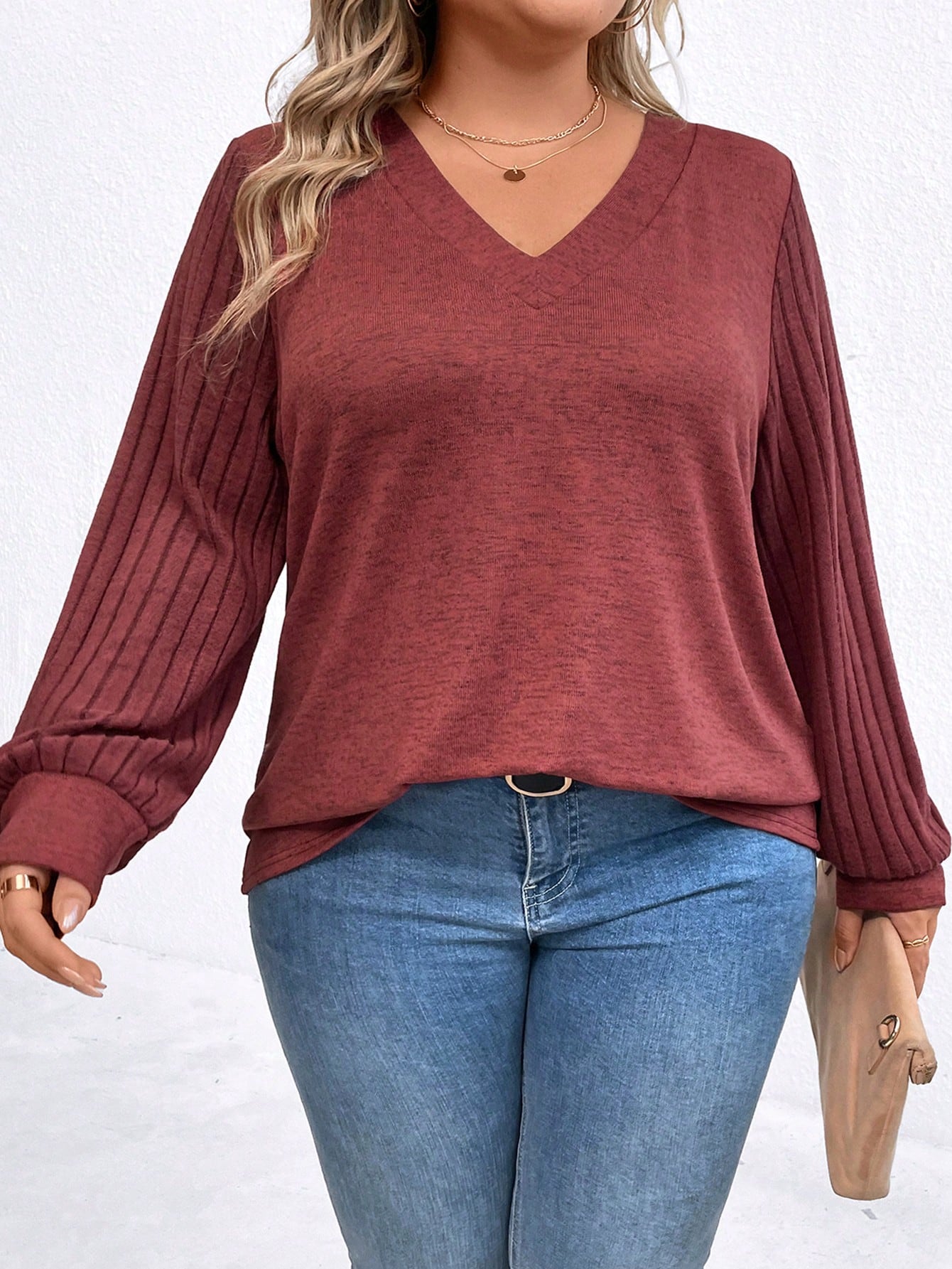 Plus Size Solid Color V-Neck Long Sleeve Knit Fleece T-Shirt, Casual Wear For Autumn/Winter Fall Cloth For Women