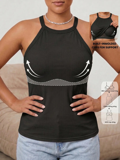 Plus Size Spaghetti Strap Tank Top With Built-In Bra, Casual Ribbed Racerback Sleeveless Camisole, Comfortable Slim Fit T-Shirt Black Summer