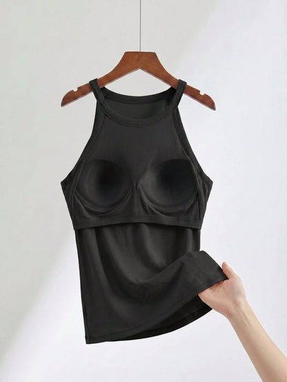 Plus Size Spaghetti Strap Tank Top With Built-In Bra, Casual Ribbed Racerback Sleeveless Camisole, Comfortable Slim Fit T-Shirt Black Summer
