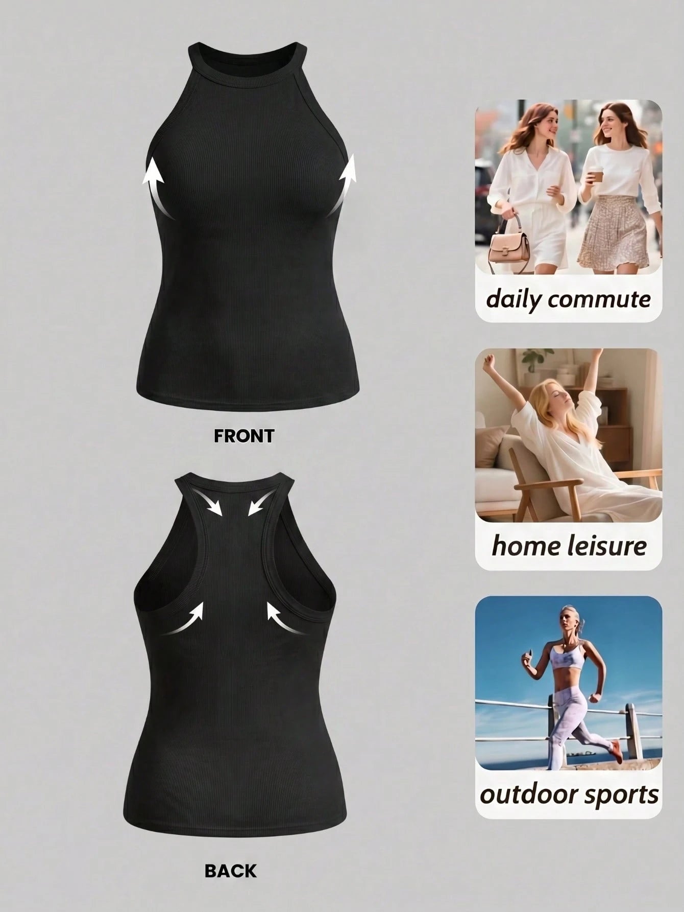 Plus Size Spaghetti Strap Tank Top With Built-In Bra, Casual Ribbed Racerback Sleeveless Camisole, Comfortable Slim Fit T-Shirt Black Summer