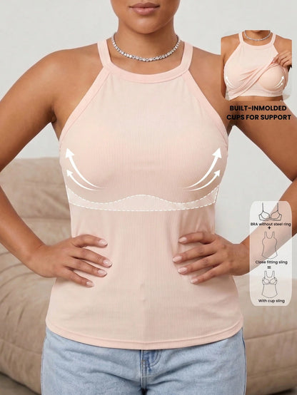 Plus Size Spaghetti Strap Tank Top With Built-In Bra, Casual Ribbed Racerback Sleeveless Camisole, Comfortable Slim Fit T-Shirt Black Summer