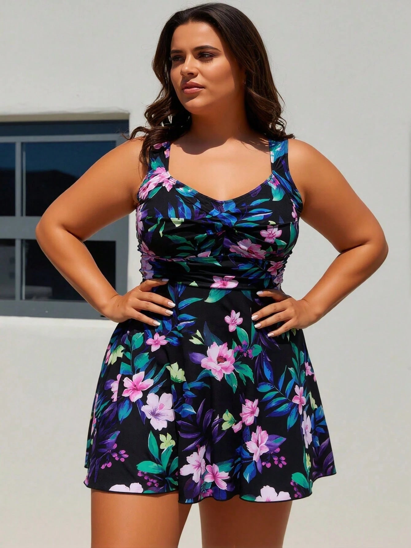 Plus Size Tropical Floral Print Twist Front Swim Dress Swimsuits