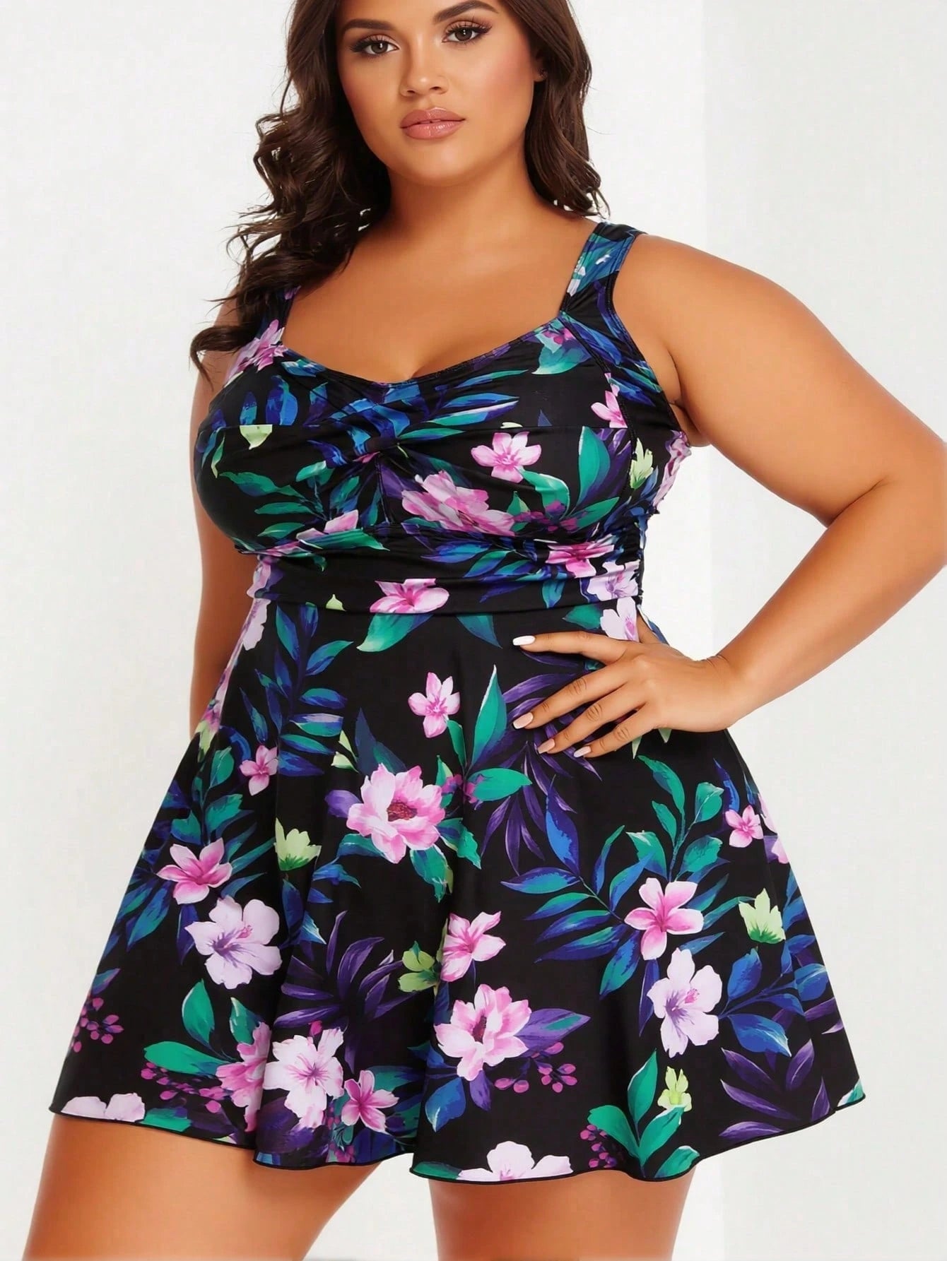 Plus Size Tropical Floral Print Twist Front Swim Dress Swimsuits