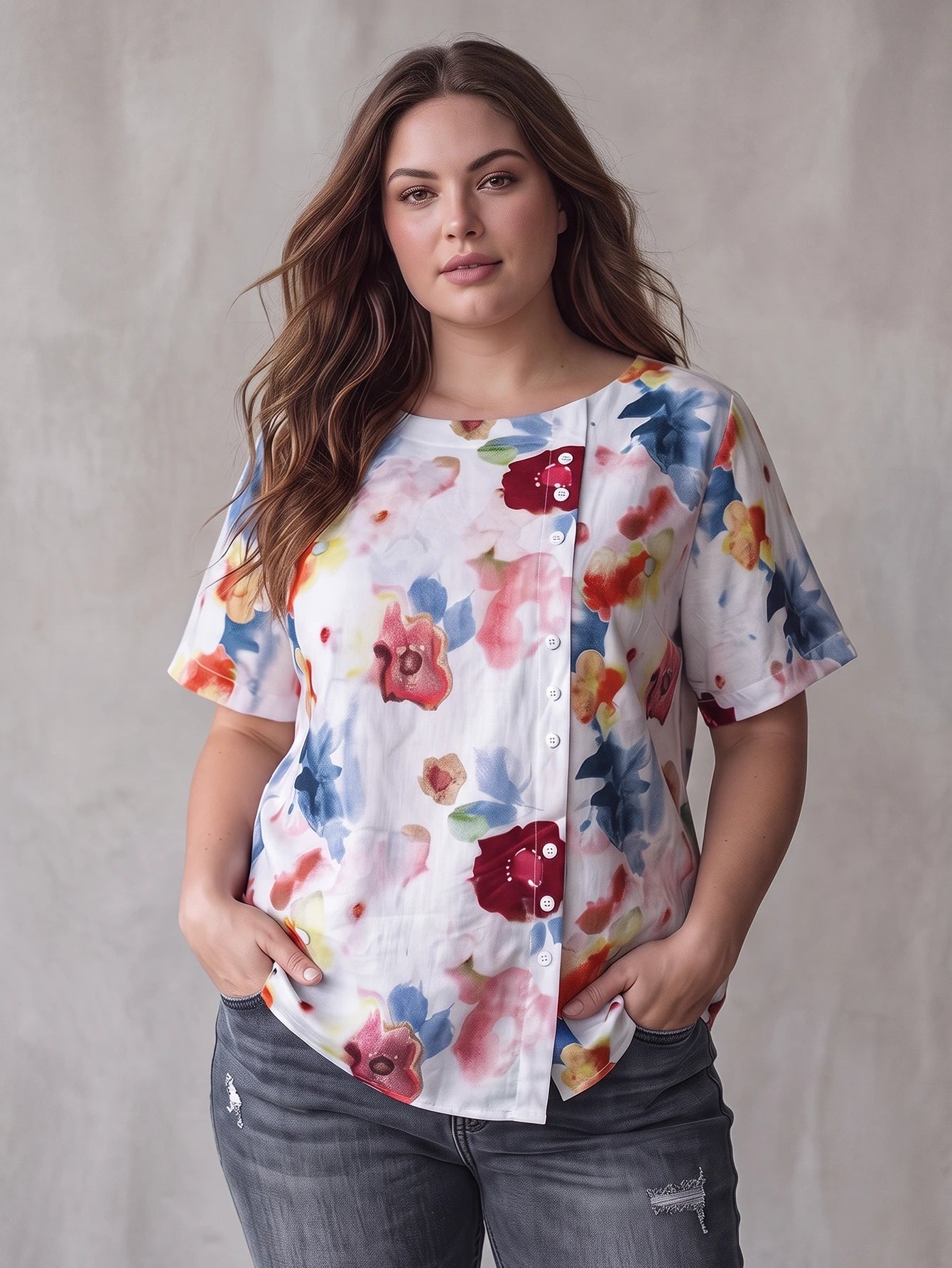 Plus Size Women Floral Print Top Vacation Summer