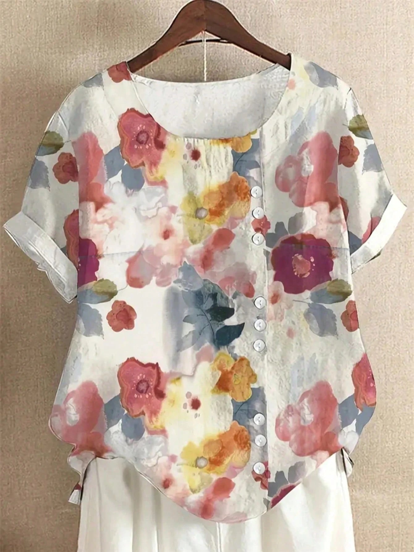 Plus Size Women Floral Print Top Vacation Summer
