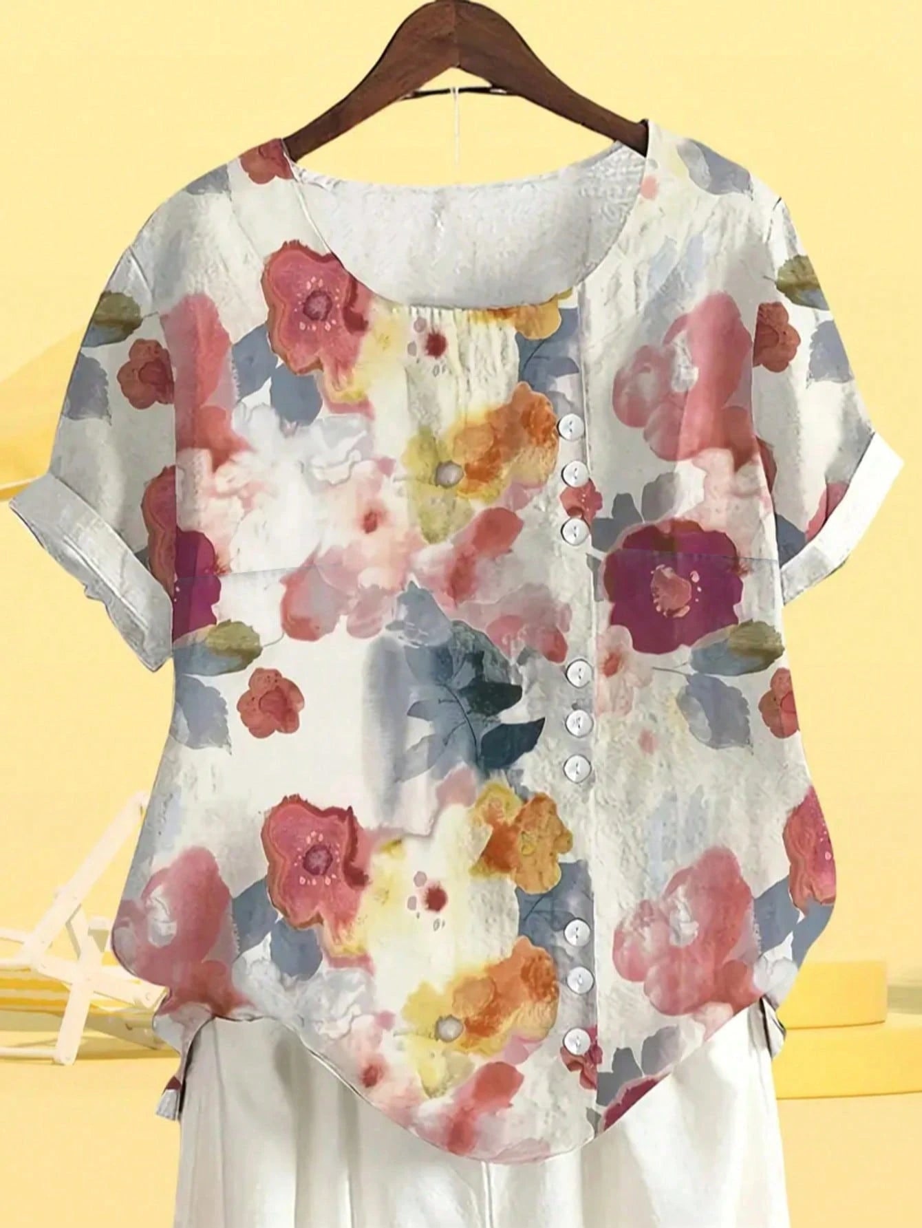 Plus Size Women Floral Print Top Vacation Summer