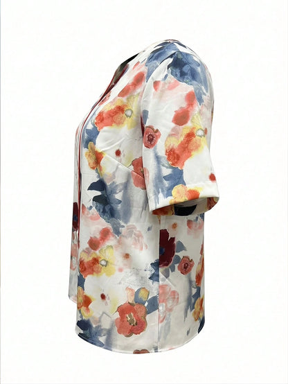 Plus Size Women Floral Print Top Vacation Summer