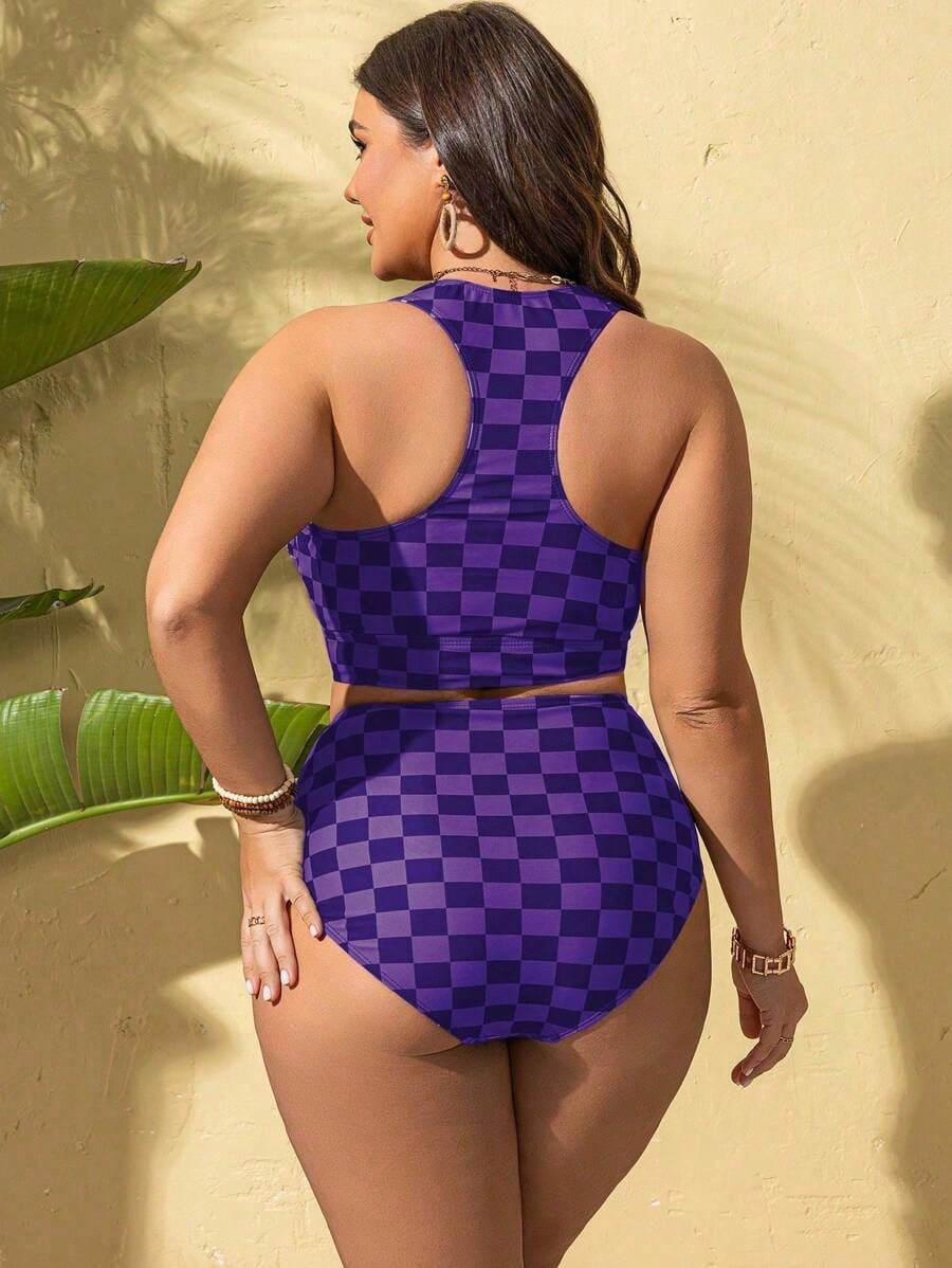 Plus Size Women's 2pcs/Set Checkered Print Gather Slim Sexy Bikini Swimwear For Summer Beach Vacation