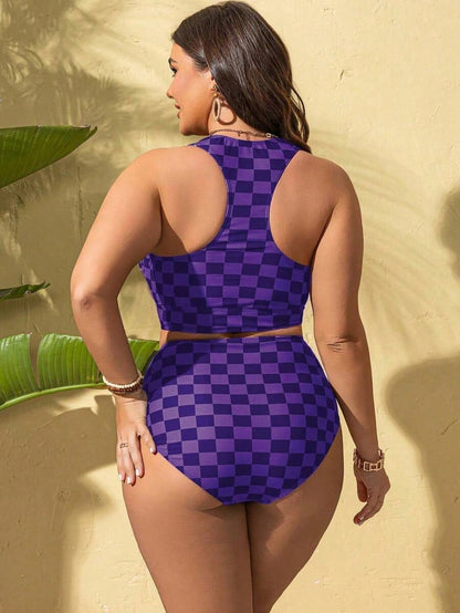 Plus Size Women's 2pcs/Set Checkered Print Gather Slim Sexy Bikini Swimwear For Summer Beach Vacation
