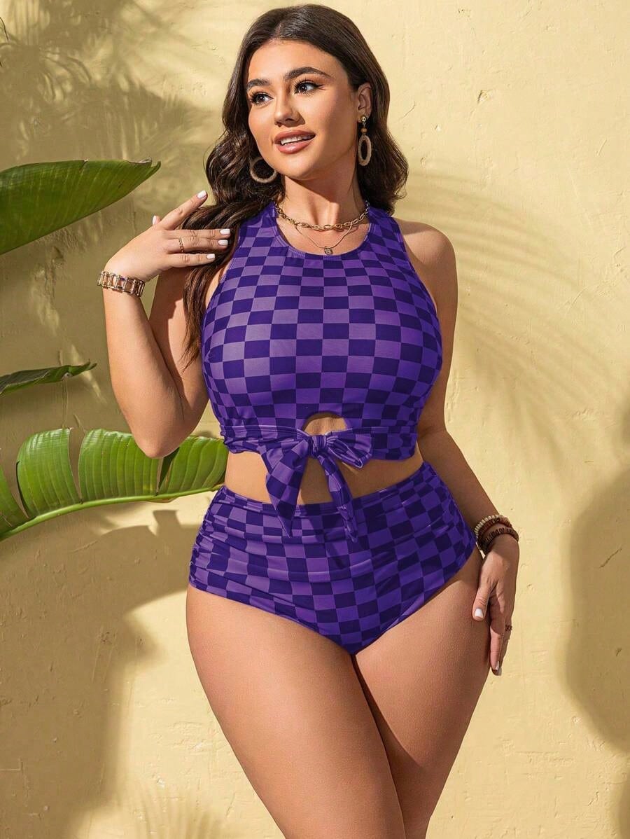 Plus Size Women's 2pcs/Set Checkered Print Gather Slim Sexy Bikini Swimwear For Summer Beach Vacation