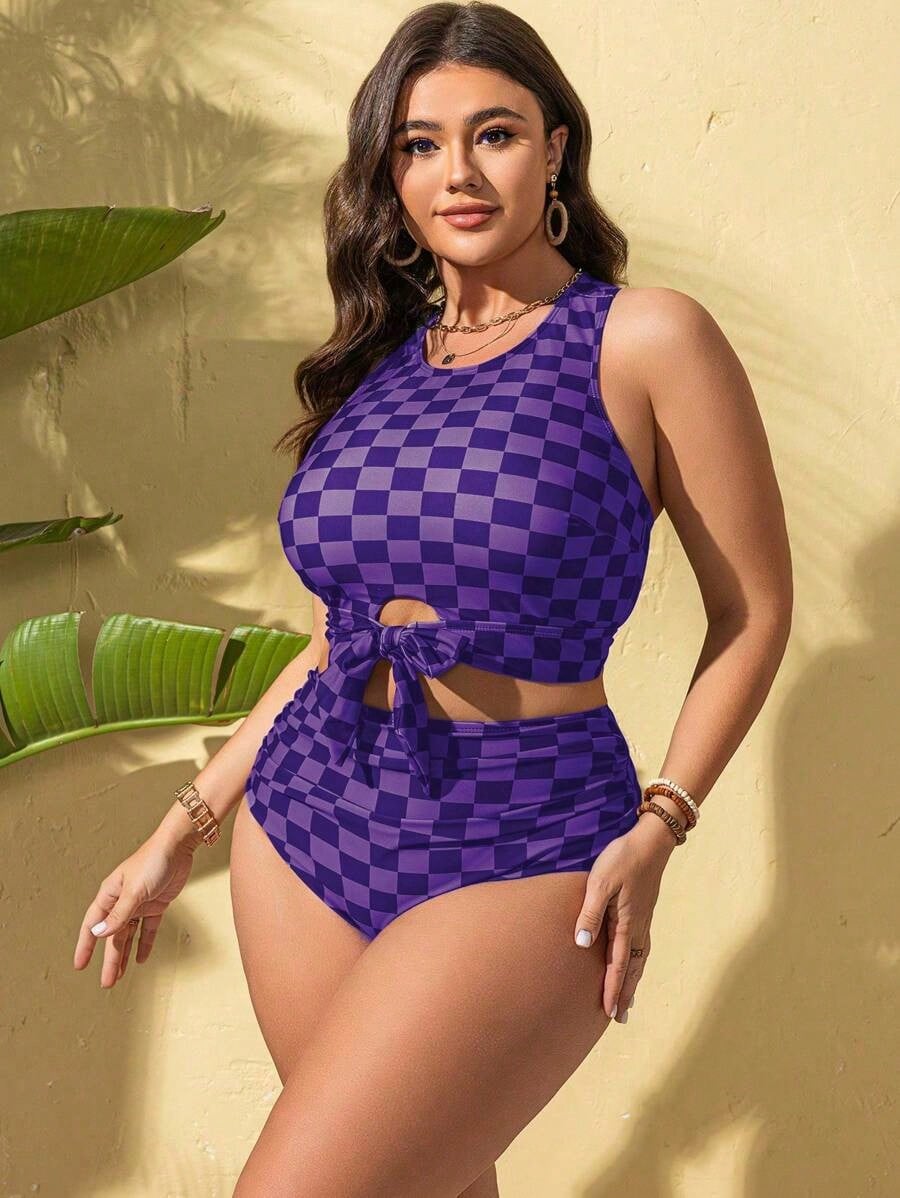 Plus Size Women's 2pcs/Set Checkered Print Gather Slim Sexy Bikini Swimwear For Summer Beach Vacation