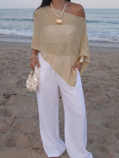 Plus Size Women's Casual Sexy Shiny Lightweight Textured Solid Color Hollow Knit Short Shawl Batwing Sleeve Top, Summer Beach Cover-Up Vacation