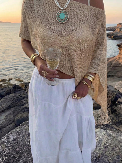 Plus Size Women's Casual Sexy Shiny Lightweight Textured Solid Color Hollow Knit Short Shawl Batwing Sleeve Top, Summer Beach Cover-Up Vacation
