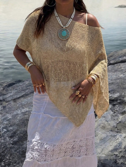 Plus Size Women's Casual Sexy Shiny Lightweight Textured Solid Color Hollow Knit Short Shawl Batwing Sleeve Top, Summer Beach Cover-Up Vacation