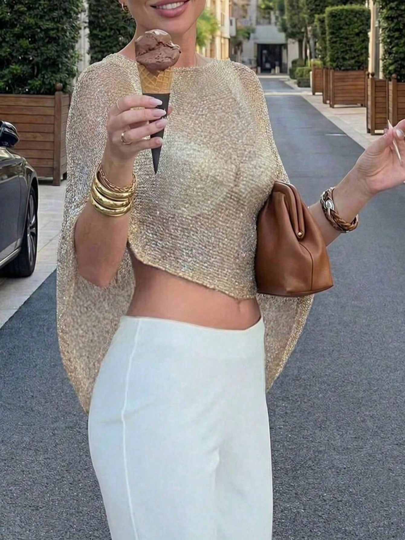 Plus Size Women's Casual Sexy Shiny Lightweight Textured Solid Color Hollow Knit Short Shawl Batwing Sleeve Top, Summer Beach Cover-Up Vacation