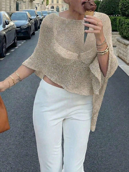 Plus Size Women's Casual Sexy Shiny Lightweight Textured Solid Color Hollow Knit Short Shawl Batwing Sleeve Top, Summer Beach Cover-Up Vacation