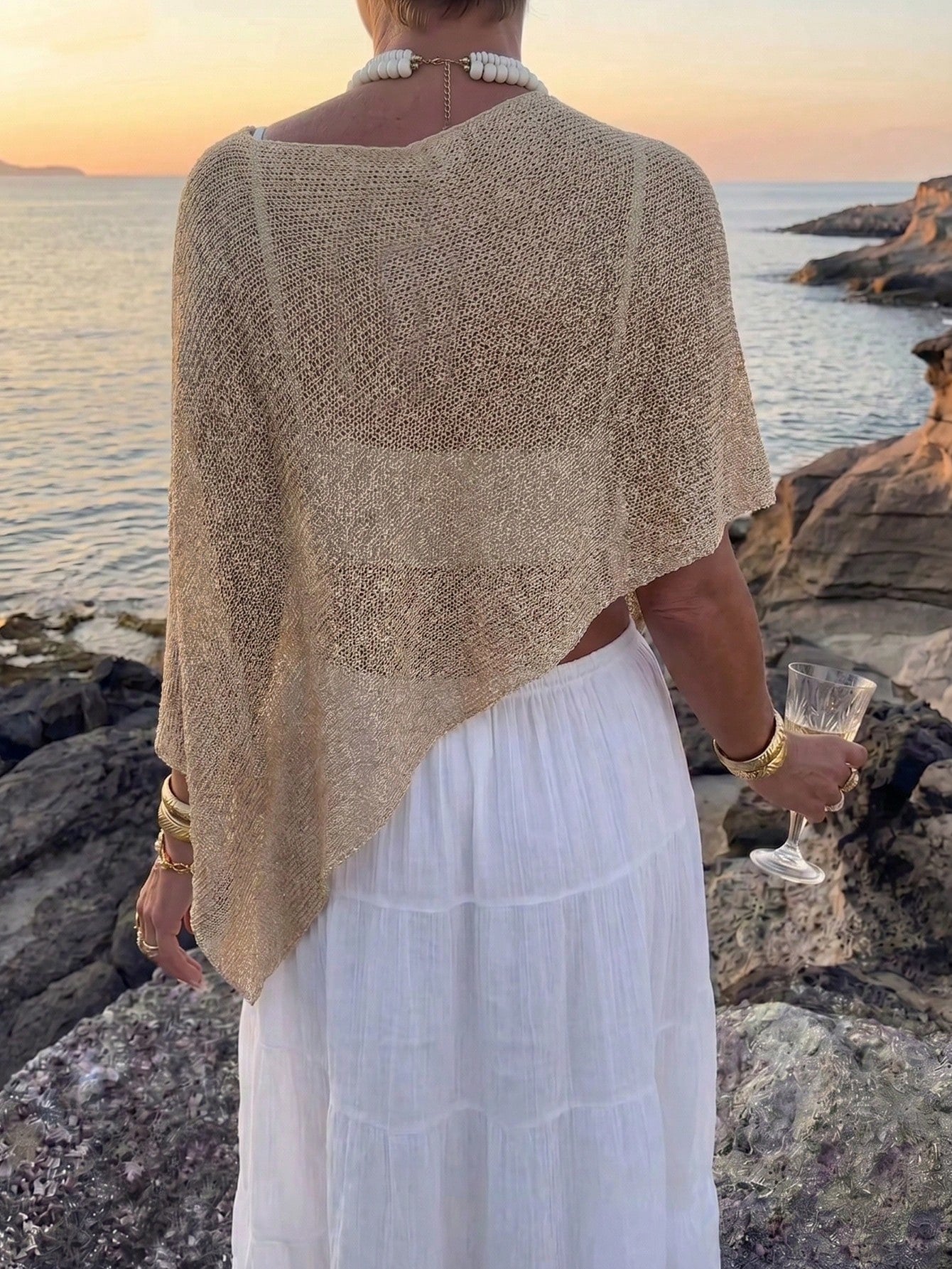 Plus Size Women's Casual Sexy Shiny Lightweight Textured Solid Color Hollow Knit Short Shawl Batwing Sleeve Top, Summer Beach Cover-Up Vacation