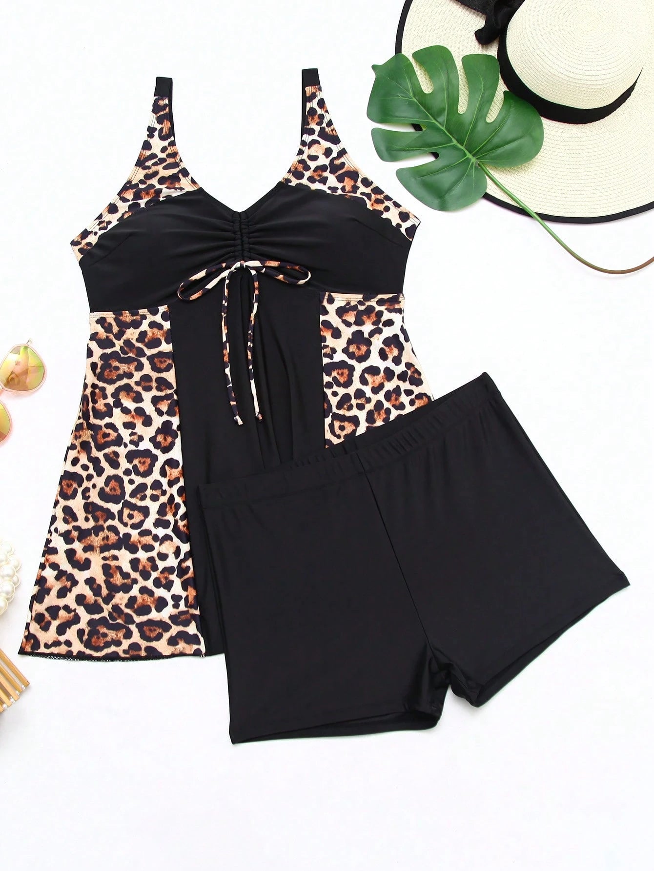 Plus Size Women's Sexy Deep V-Neck Leopard Print Patchwork Black Skirt Tankini Swimwear, Padded Bust Adjustable Strap Two Pieces Swimwear For Beach Vacation Summer