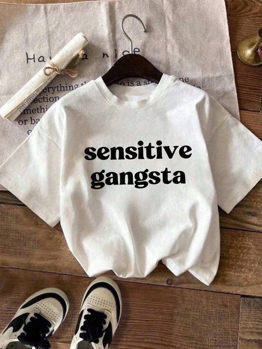Plus Size Women's Summer Letter Print Casual Minimalist Loose Daily Street Style Short Sleeve T-Shirt Summer White