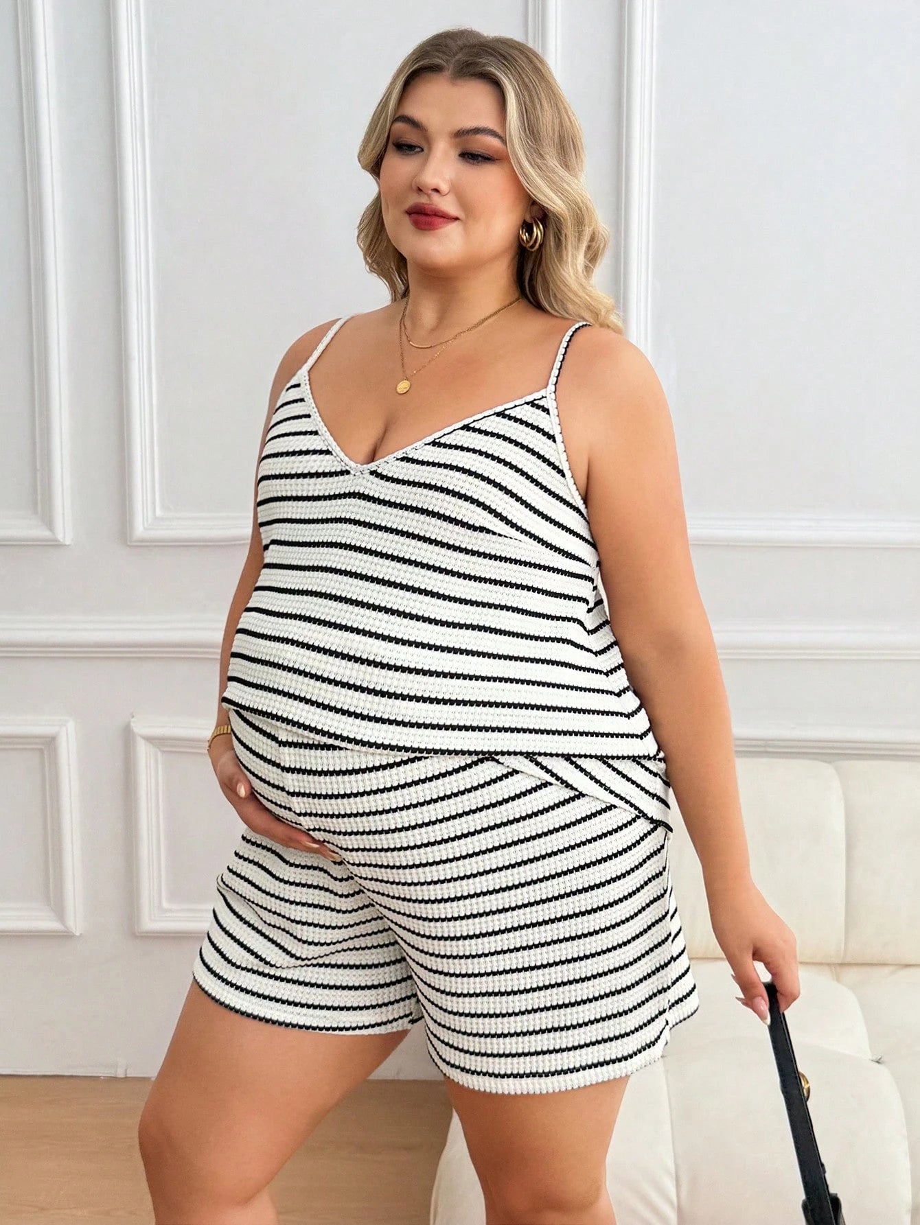 Plussiva Maternity Plus Size Summer Casual Striped Camisole And Shorts 2 Pieces Set