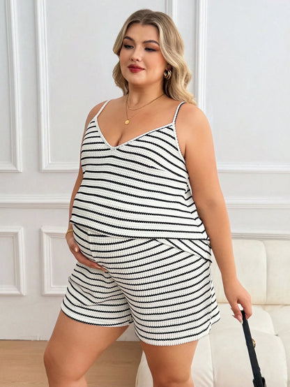 Plussiva Maternity Plus Size Summer Casual Striped Camisole And Shorts 2 Pieces Set