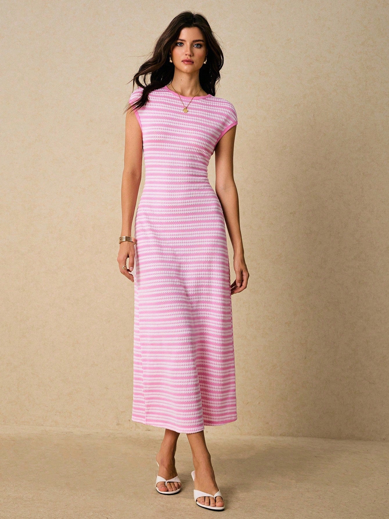 Poéselle Women's Casual Pink And White Striped Dress, Summer,Wedding Brunch Guest Dress,Elegant Casual Dresses For Women