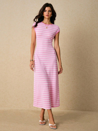 Poéselle Women's Casual Pink And White Striped Dress, Summer,Wedding Brunch Guest Dress,Elegant Casual Dresses For Women
