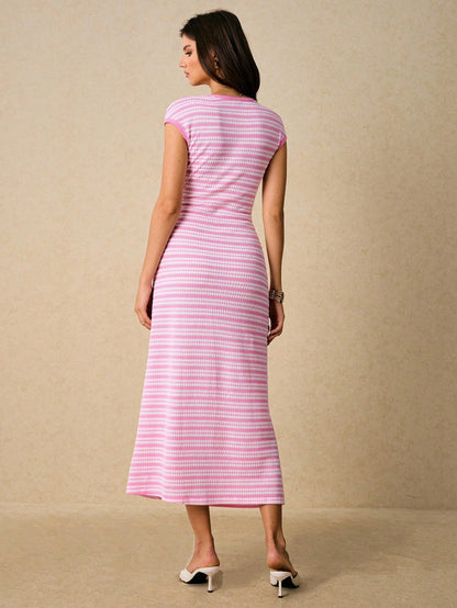 Poéselle Women's Casual Pink And White Striped Dress, Summer,Wedding Brunch Guest Dress,Elegant Casual Dresses For Women
