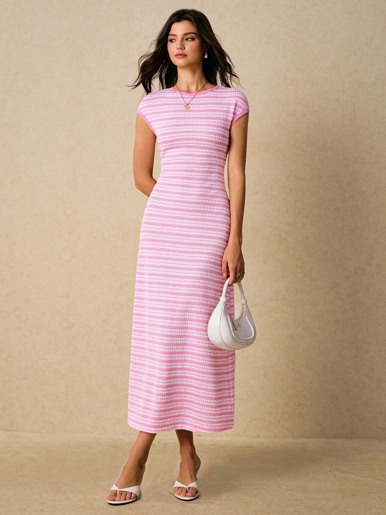 Poéselle Women's Casual Pink And White Striped Dress, Summer,Wedding Brunch Guest Dress,Elegant Casual Dresses For Women