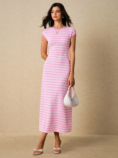 Poéselle Women's Casual Pink And White Striped Dress, Summer,Wedding Brunch Guest Dress,Elegant Casual Dresses For Women