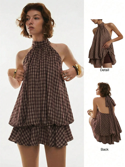Poéselle Women's Plaid Ruffle Hem Halter Neck Short Dress,Summer Dresses For Women