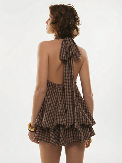 Poéselle Women's Plaid Ruffle Hem Halter Neck Short Dress,Summer Dresses For Women