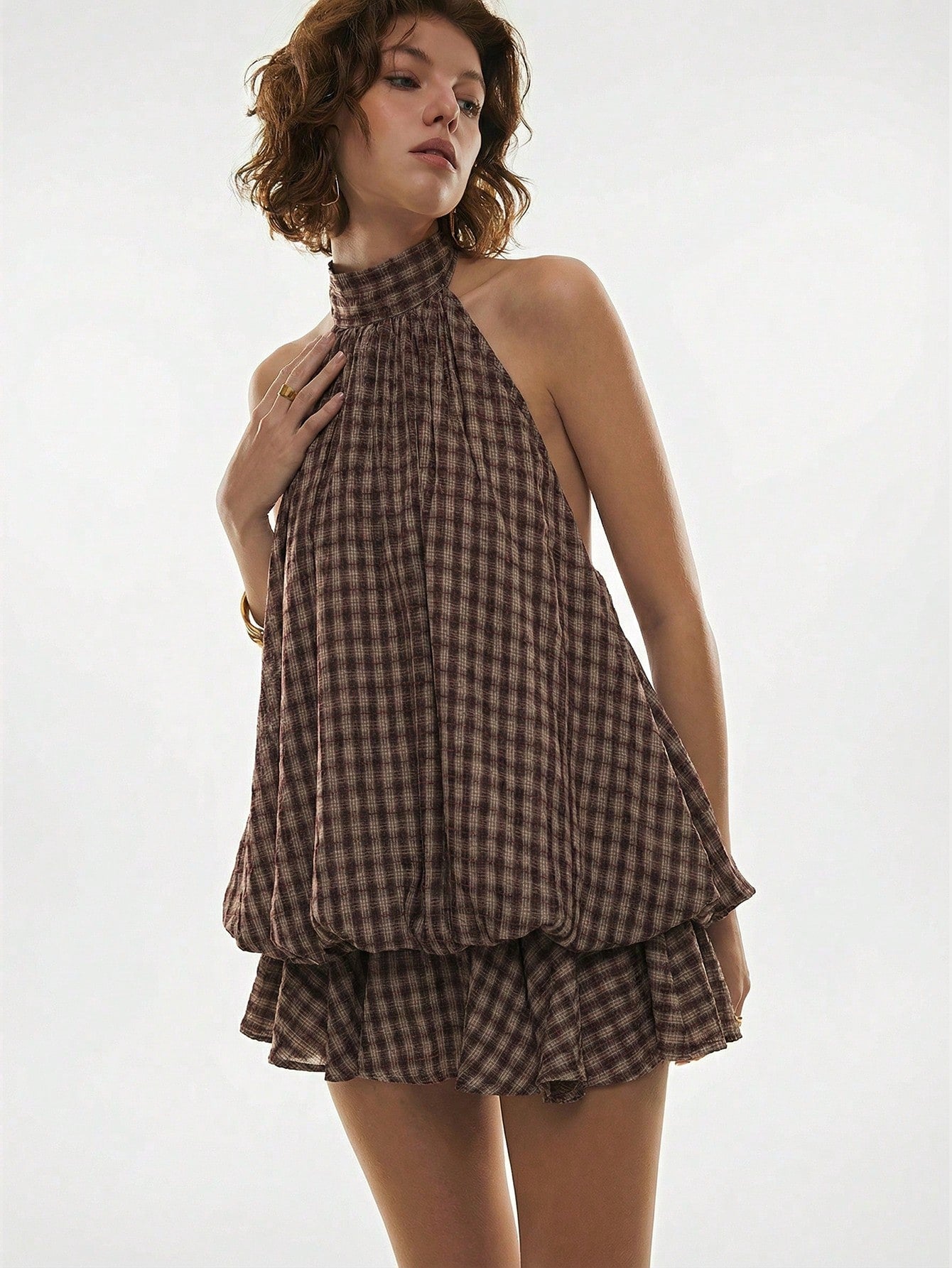 Poéselle Women's Plaid Ruffle Hem Halter Neck Short Dress,Summer Dresses For Women
