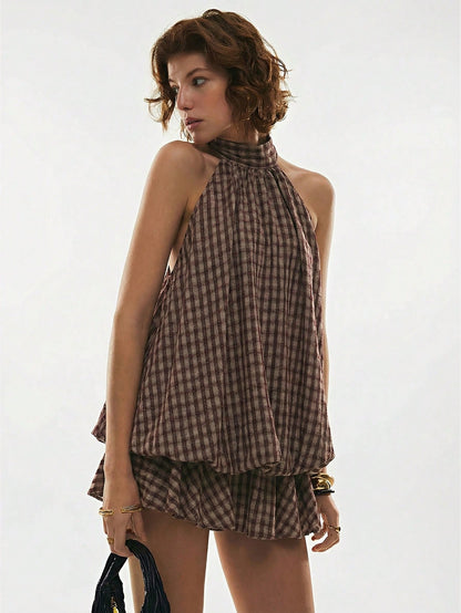 Poéselle Women's Plaid Ruffle Hem Halter Neck Short Dress,Summer Dresses For Women